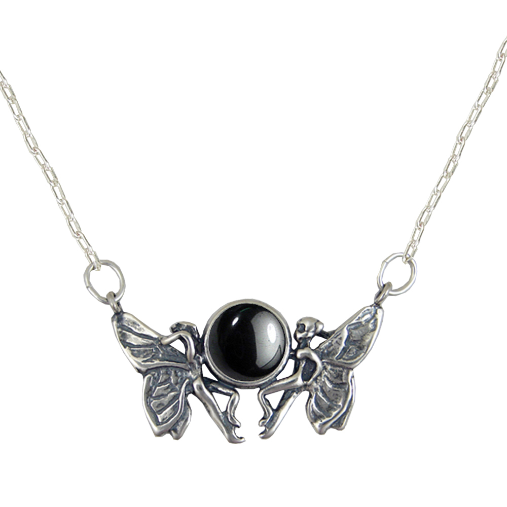 Sterling Silver Pair of Fairies Necklace With Hematite